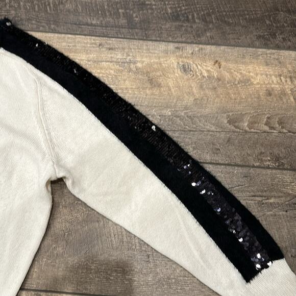1.STATE Sequin Sleeve Stripe Cotton Blend Crewneck Sweater Cream Size L - Picture 6 of 11